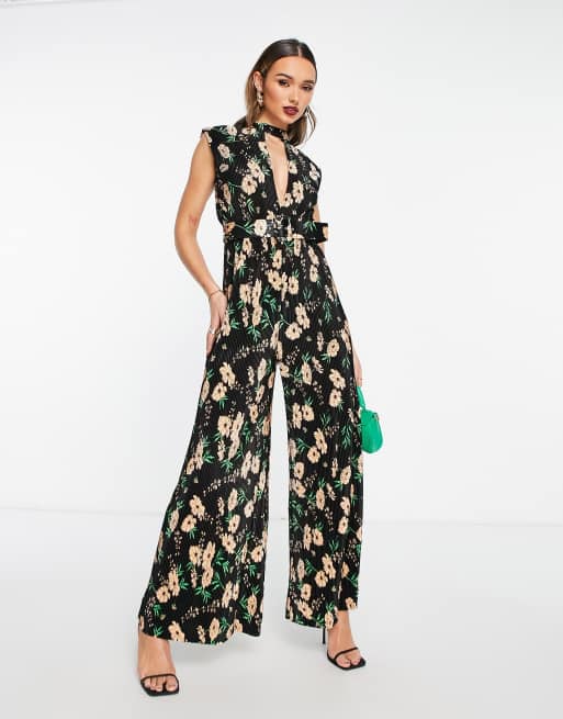 ASOS DESIGN - Combinaison plissée avec ceinture et décolleté plongeant - Fleurs minimalistes