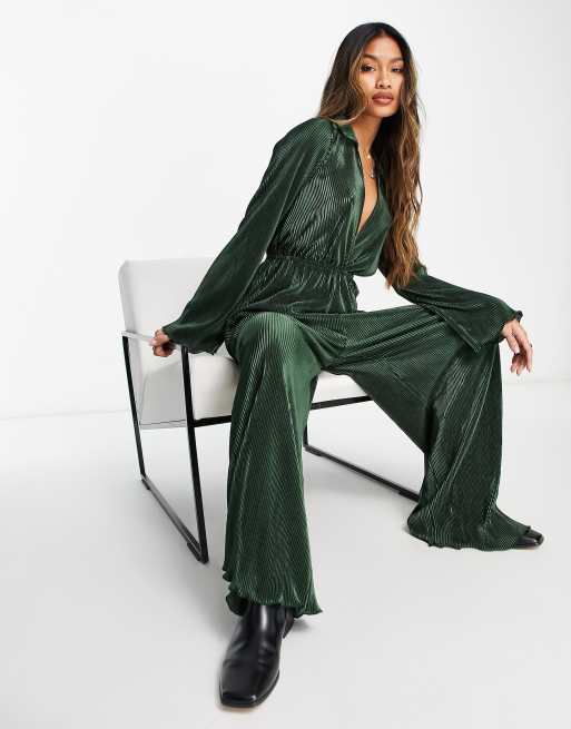 ASOS DESIGN - Combinaison plissée façon chemise à manches longues - Kaki, 4 de 4
