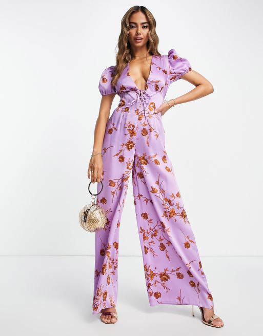ASOS DESIGN - Combinaison rétro en satin à manches bouffantes et imprimé fleurs