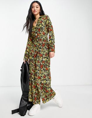 Femme Combinaison rétro style années 70 en crêpe texturé avec col et ceinture à imprimé fleurs - Jaune moutarde