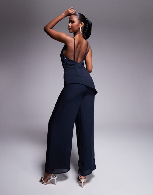 ASOS DESIGN - Combinaison structurée à encolure carrée et pantalon en mousseline - Bleu marine, 3 de 4