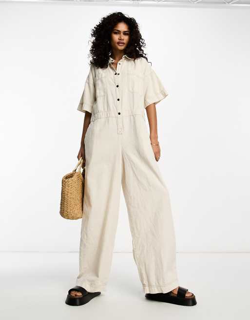 ASOS DESIGN - Combinaison style bleu de travail en lin avec coutures contrastantes - Grège
