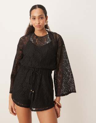 ASOS DESIGN - Combishort court en maille crochetée avec manches longues et cordon de serrage - Noir