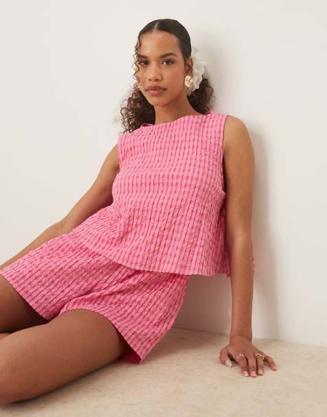 ASOS DESIGN - Combishort double épaisseur à carreaux vichy et dos nageur - Rose - view 1