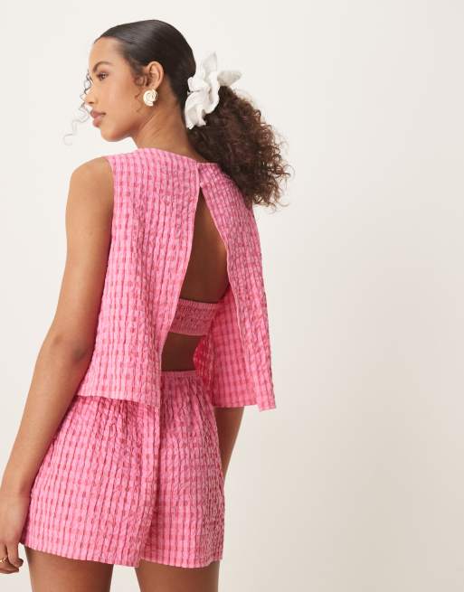 ASOS DESIGN - Combishort double épaisseur à carreaux vichy et dos nageur - Rose, 4 de 4