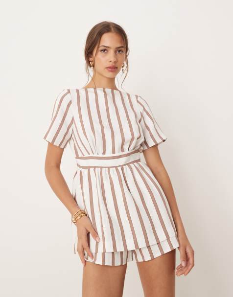 ASOS DESIGN - Combishort double épaisseur avec rayures et détail noué au dos - Naturel - view 1