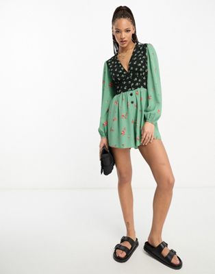 ASOS DESIGN crepe plunge neck playsuit with puff sleeve in mixed print - ASOS Price Checker