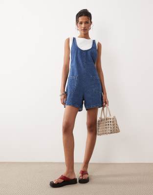 Combishort en jean à encolure dégagée et dos croisé - Bleu moyen foncé 32