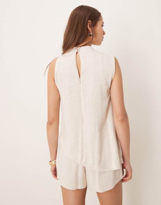 ASOS DESIGN - Combishort en lin double épaisseur avec liens noués à l'encolure - Avoine, 4 de 4