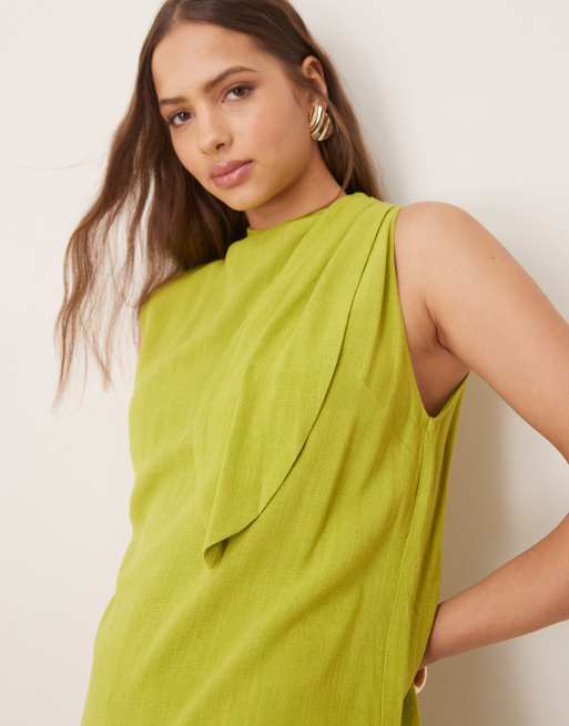 ASOS DESIGN - Combishort en lin double épaisseur avec liens noués à l'encolure - Citron vert, 3 de 4