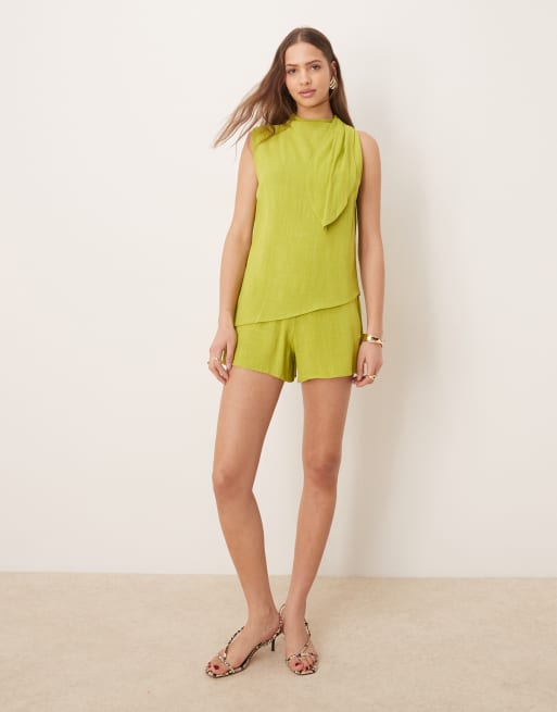 ASOS DESIGN - Combishort en lin double épaisseur avec liens noués à l'encolure - Citron vert, 4 de 4