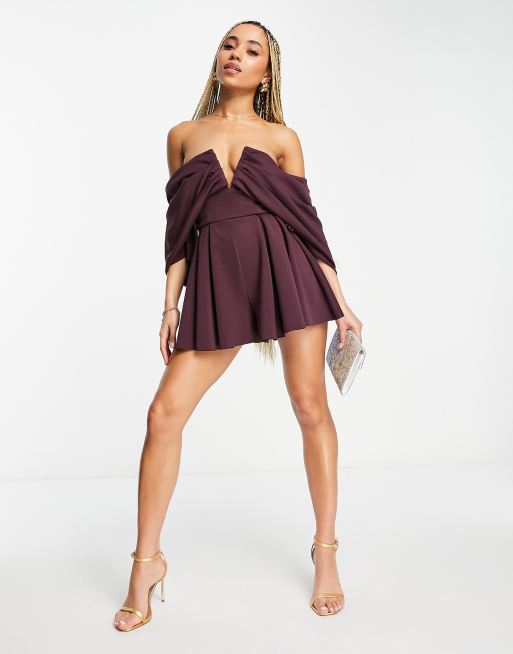 ASOS DESIGN - Combishort en néoprène à épaules dénudées avec barre en V - Aubergine