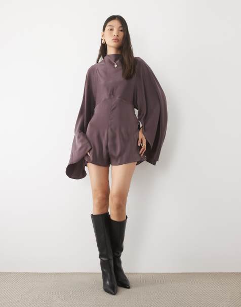 ASOS DESIGN combishort en satin à manches chauve-souris extrêmes couleur chocolat - view 1