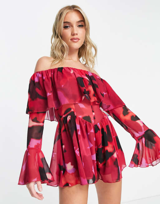 ASOS DESIGN - Combishort fluide évasée en mousseline style Bardot à imprimé fleurs flou