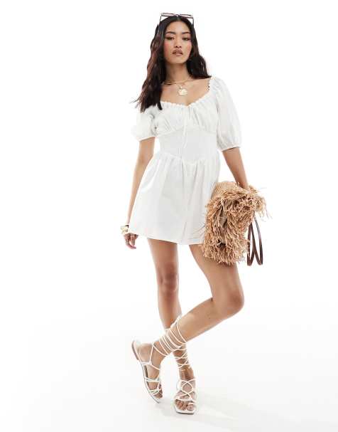 ASOS DESIGN - Combishort folk en popeline à encolure nouée et manches ballon - Blanc - view 1