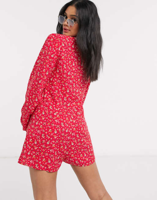 Asos Design Combishort Manches Longues A Fleurs Rouge Asos