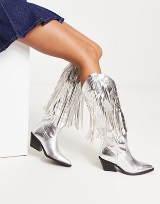 ASOS DESIGN Comet fringe western knee boot in silver
