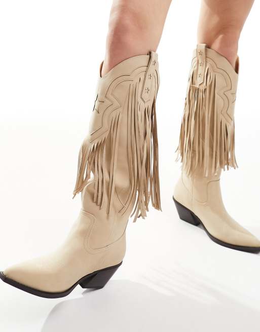 ASOS DESIGN Comet Kniehohe Western Stiefel in Beige mit Fransen ASOS