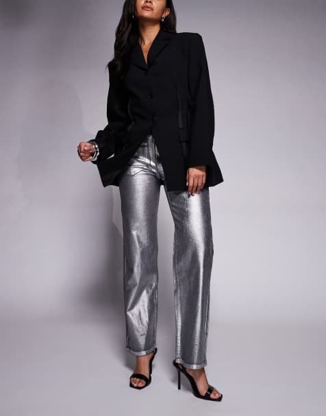 ASOS DESIGN comfort stretch straight leg jean in silver foil