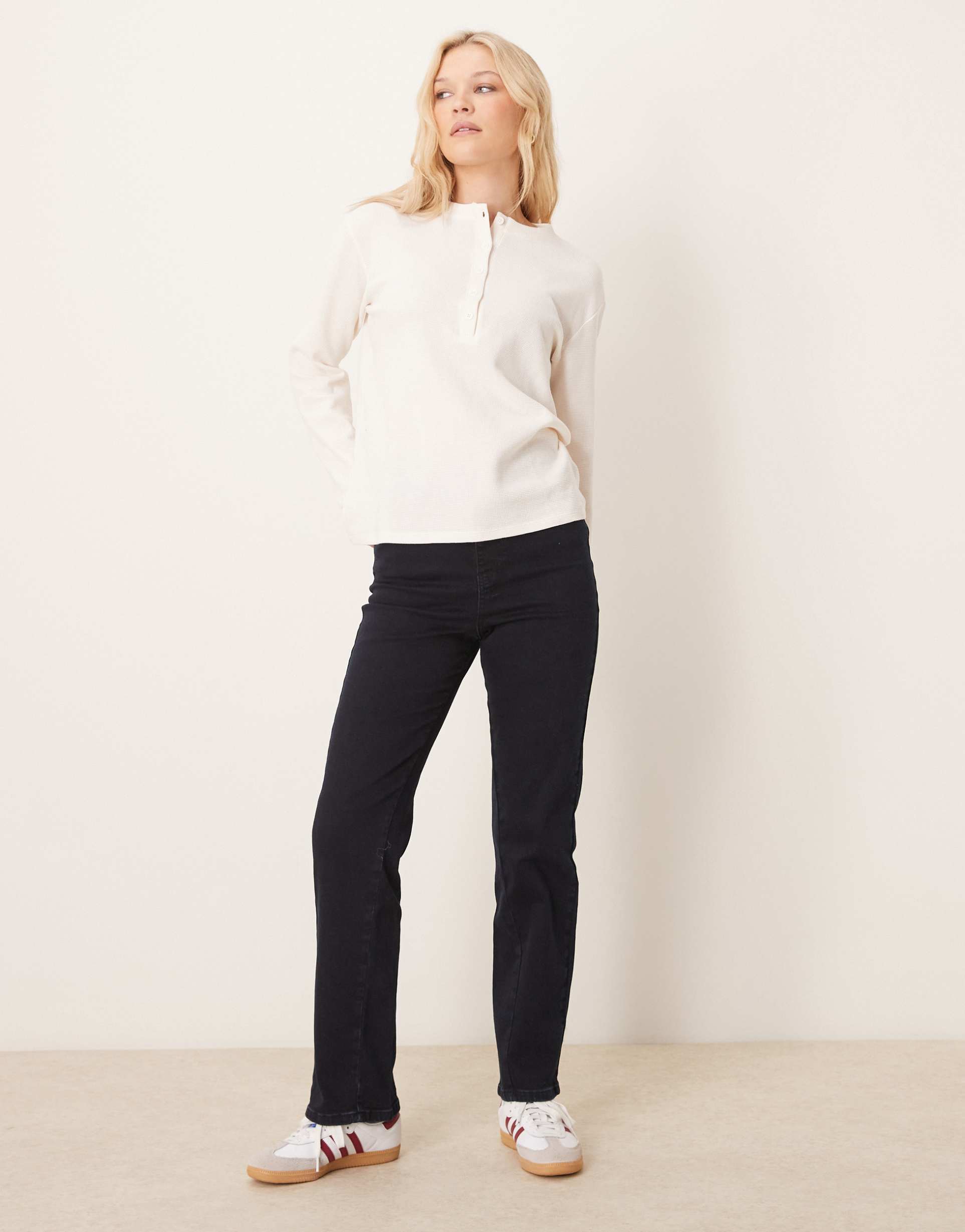 asos design comfort stretch straight leg jean with twisted seam in blue black