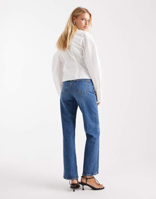 ASOS DESIGN comfort stretch straight leg jeans in authentic mid blue
