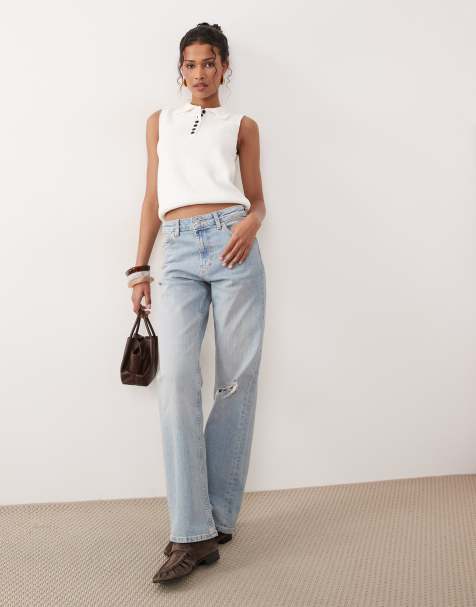 ASOS DESIGN comfort stretch straight leg jeans in light wash with knee rip - view 1
