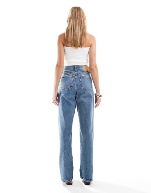 ASOS DESIGN comfort stretch straight leg jeans in mid blue