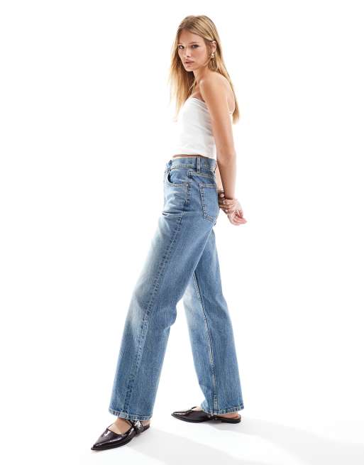 ASOS DESIGN comfort stretch straight leg jeans in mid blue