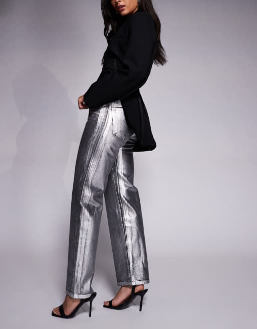 ASOS DESIGN comfort stretch straight leg jeans in silver foil