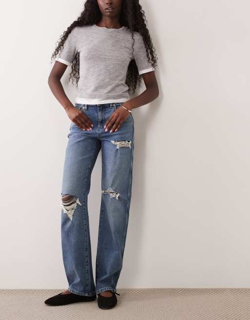 ASOS DESIGN comfort stretch straight leg jeans with rips in mid wash blue, 1 of 5