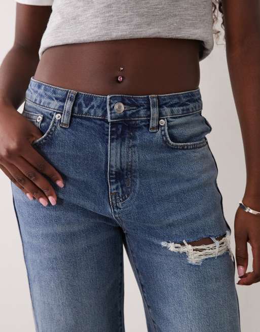 ASOS DESIGN comfort stretch straight leg jeans with rips in mid wash blue, 5 of 5