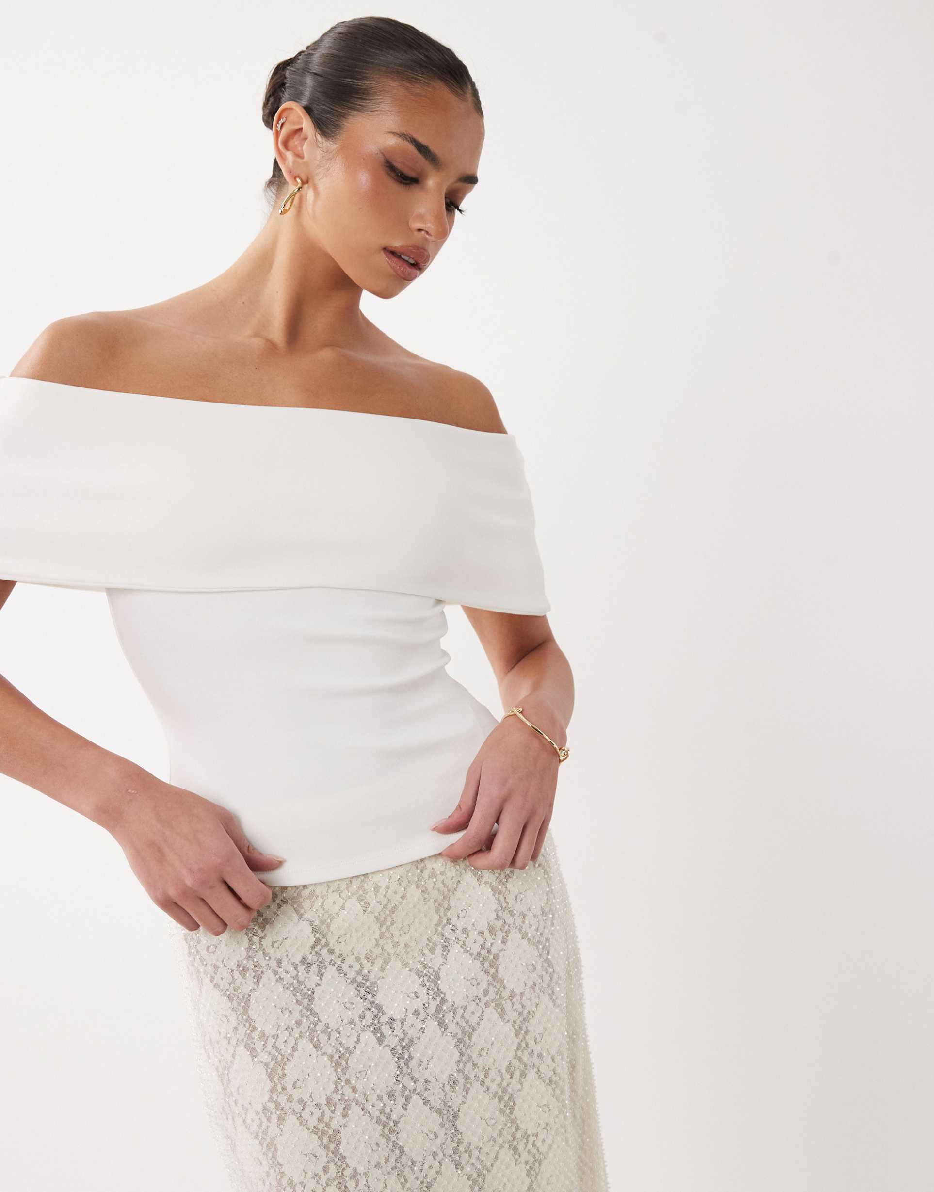 asos design compact cotton bardot top in cream