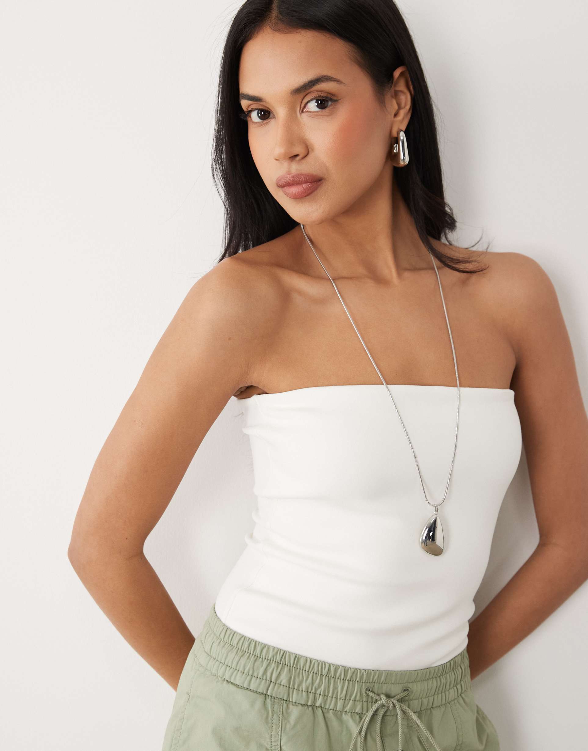asos design compact cotton blend bandeau top in ivory