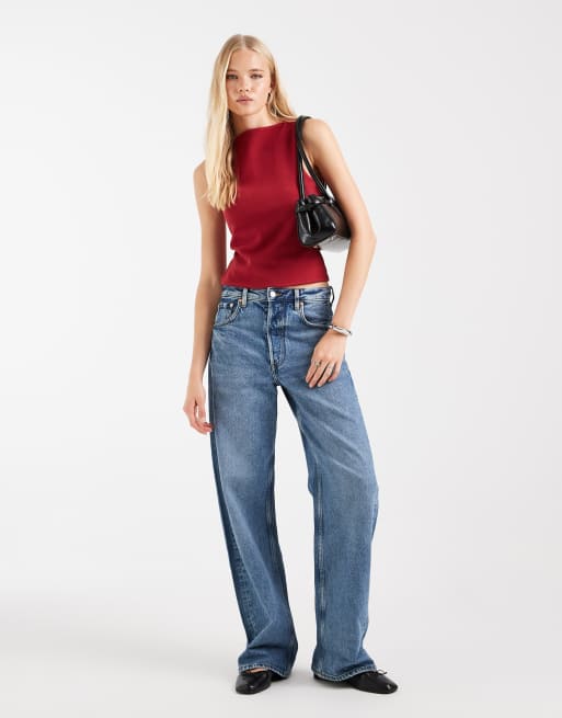 ASOS DESIGN compact cotton blend boat neck tank top in deep red, 2 of 4