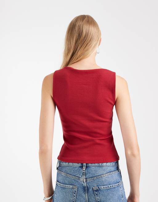 ASOS DESIGN compact cotton blend boat neck tank top in deep red, 4 of 4