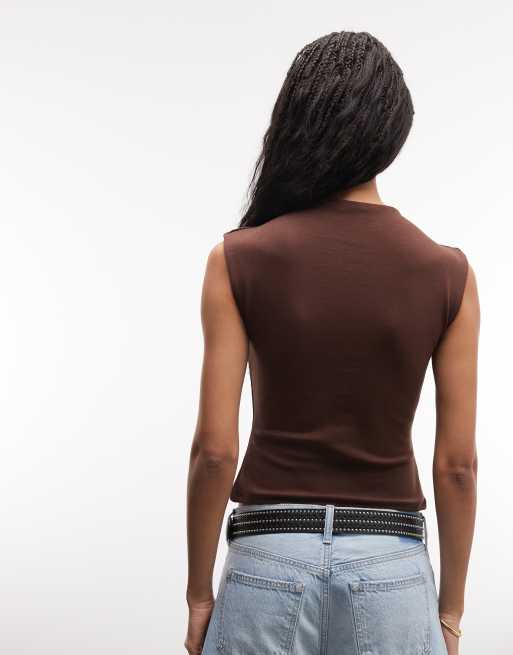 ASOS DESIGN compact cotton blend grown on sleeves button down top in chocolate, 3 of 4