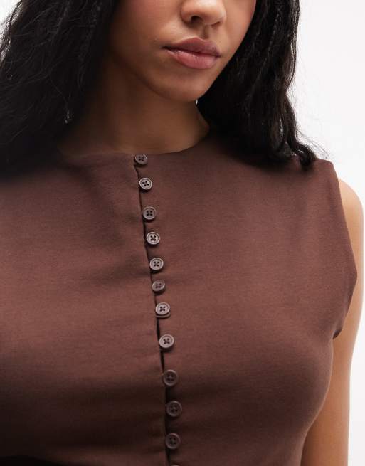 ASOS DESIGN compact cotton blend grown on sleeves button down top in chocolate, 4 of 4