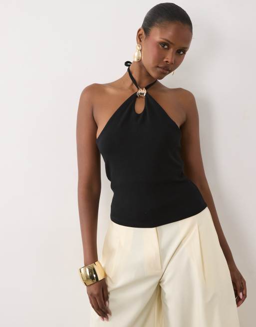 ASOS DESIGN compact cotton blend keyhole halter neck top with gold-tone trim in black, 2 of 4