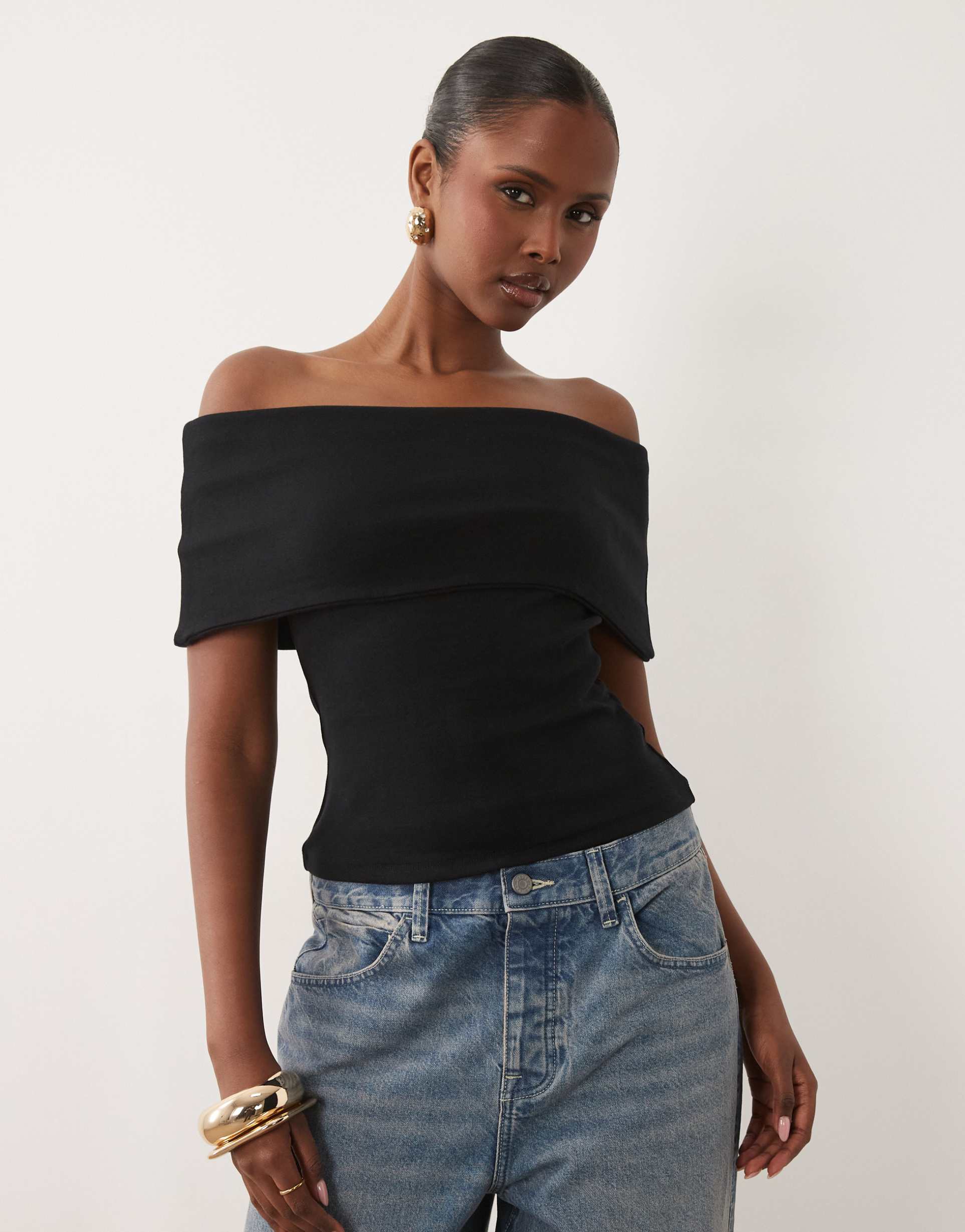 asos design compact cotton blend off the shoulder top in black