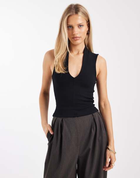 ASOS DESIGN compact cotton blend plunge neck top in black - view 1