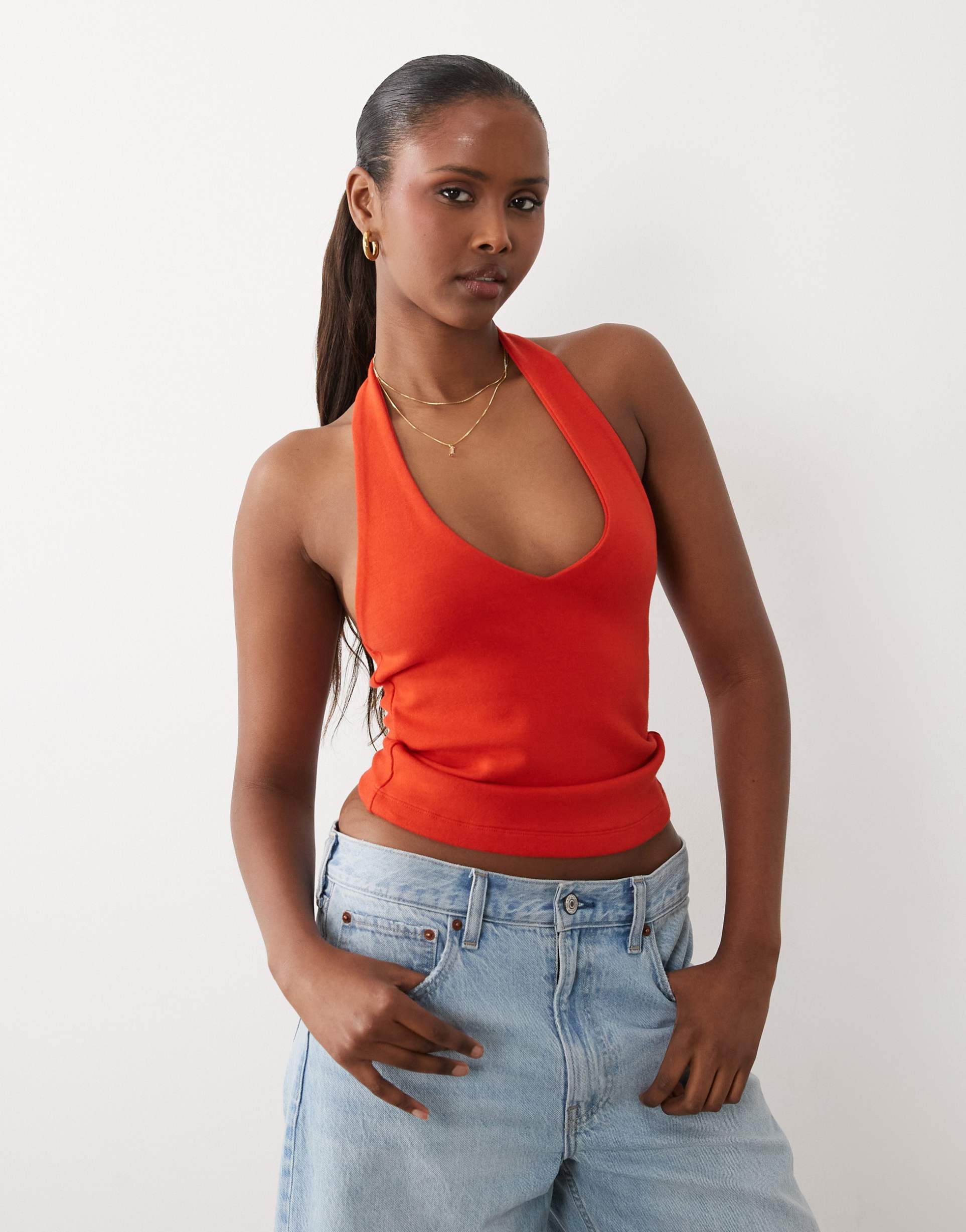asos design compact cotton blend v-neck halter top in red
