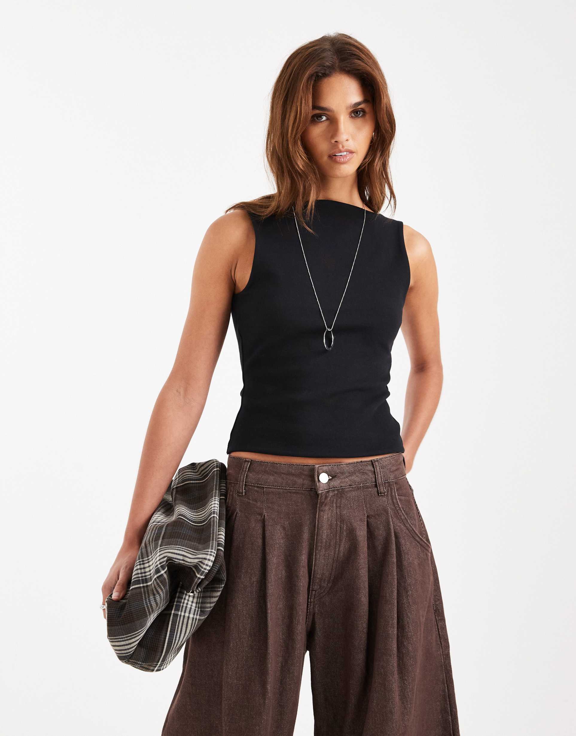 asos design compact cotton boat neck tank top in black