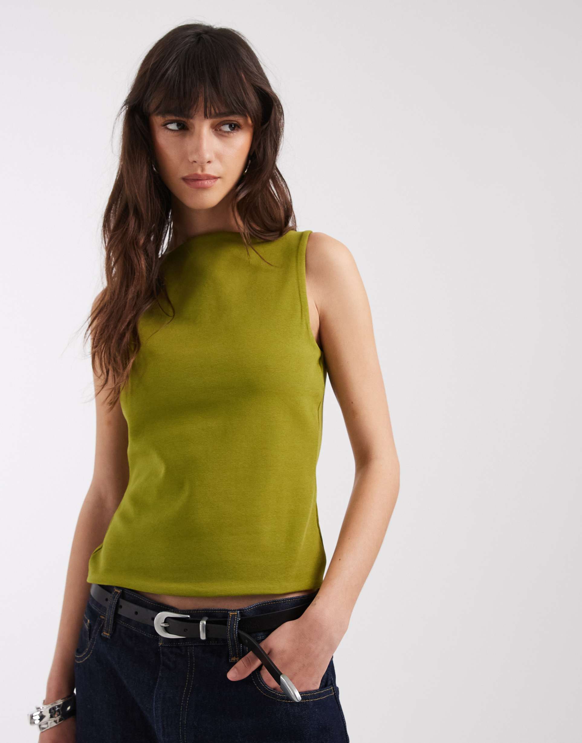 asos design compact cotton boat neck tank top in green