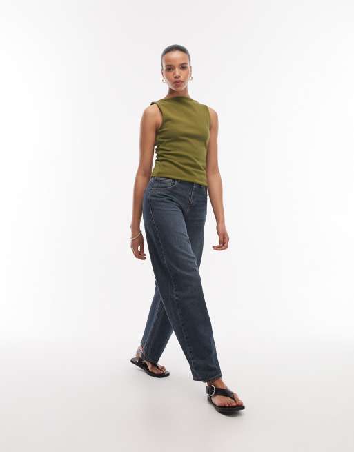 ASOS DESIGN compact cotton boat neck tank top in khaki, 3 of 4