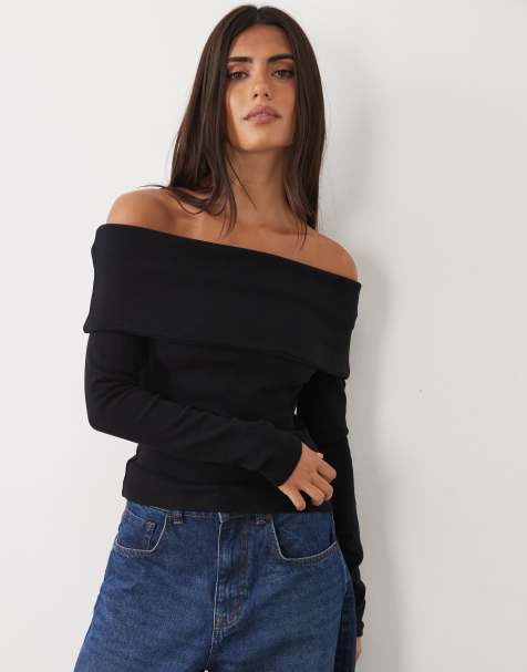 ASOS DESIGN compact cotton fold over bardot top - view 1