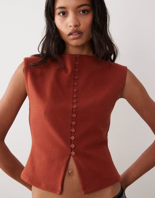 ASOS DESIGN compact cotton grown on sleeve button down top in rust, 2 of 4