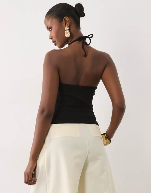 ASOS DESIGN compact cotton keyhole halter neck top with gold trim in black, 3 of 4