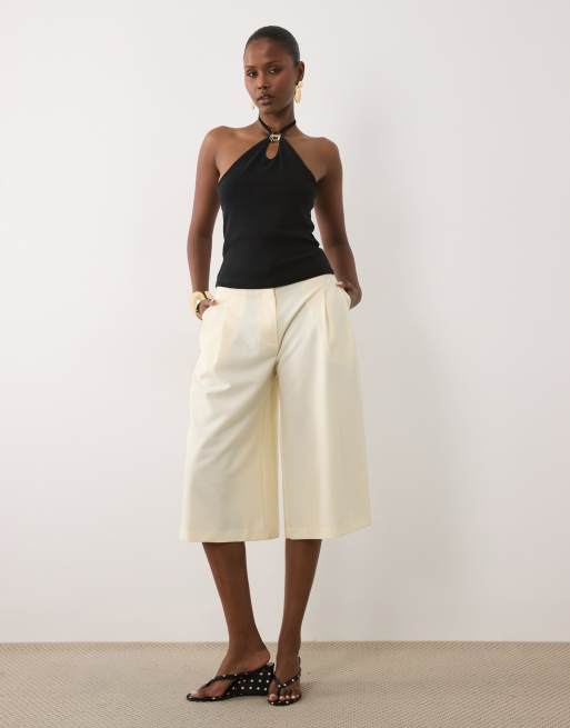 ASOS DESIGN compact cotton keyhole halter neck top with gold trim in black, 4 of 4