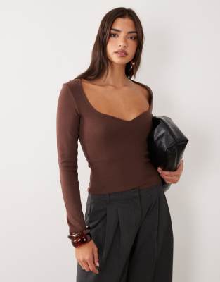 Asos Design Compact Cotton Long Sleeve Top With Curved Neckline In Brown