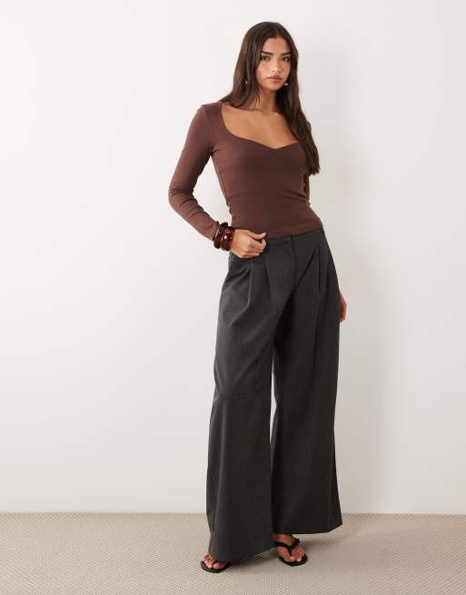 ASOS DESIGN compact cotton long sleeve top with curved neckline in chocolate, 2 of 4